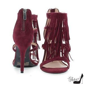 The Shoe Loft Shoes - Gigi Faux Suede Burgundy Fringe Strappy Heels The Shoe Loft Shoes - Gigi Faux Suede Burgundy Fringe Strappy Heels